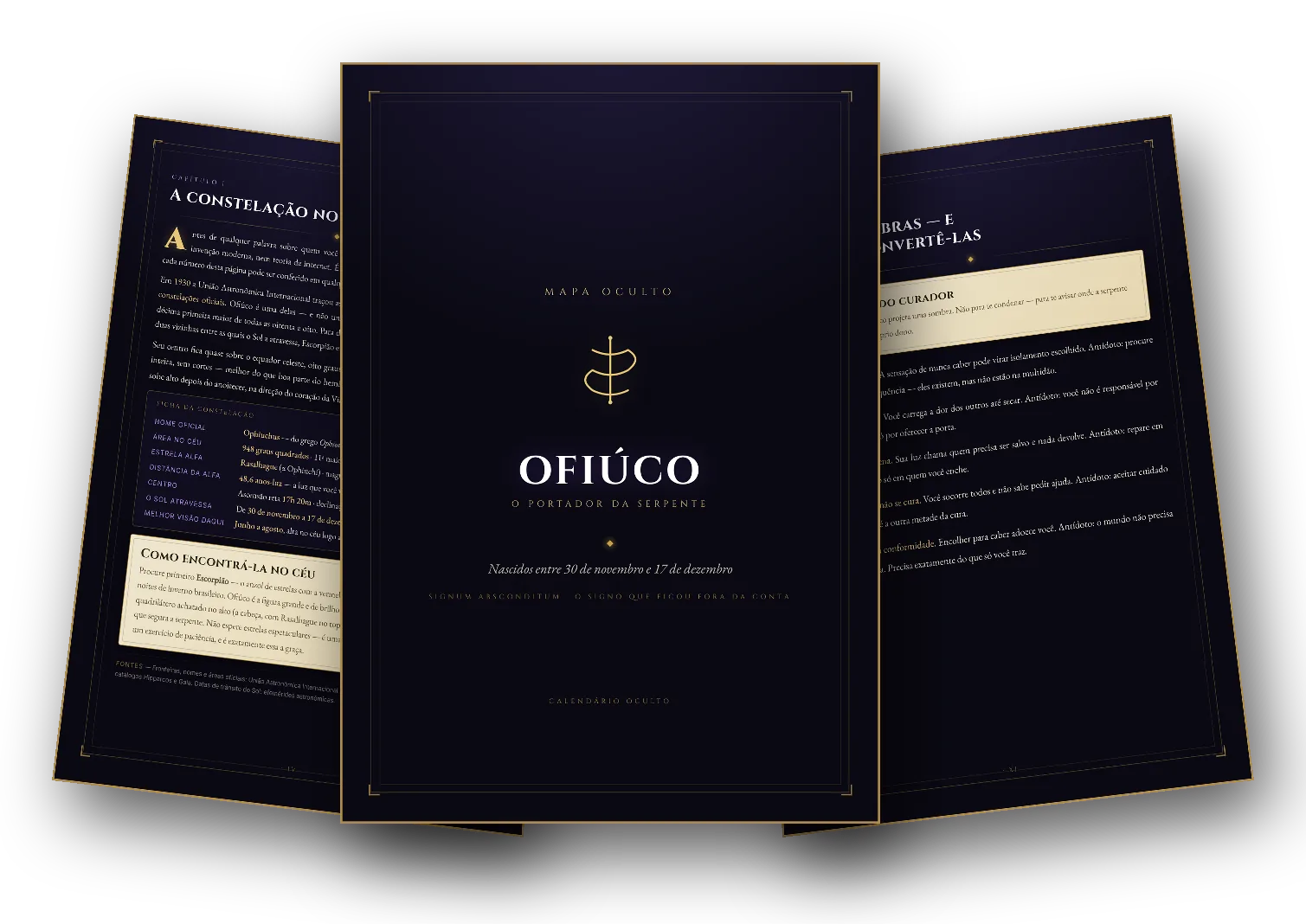 Três páginas do Mapa Oculto: a capa, a ficha da constelação e o capítulo das sombras